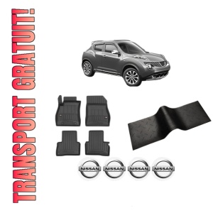 Set 5 covorase auto NISSAN JUKE (F15) din 2008-2013, cu covoras tunel median, presuri auto din cauciuc, 4x Stickere auto cu NISSAN