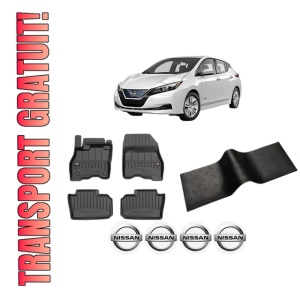 Set 5 covorase auto NISSAN LEAF (ZE1) din 2004-2008, cu covoras tunel median, presuri auto din cauciuc, 4x Stickere auto cu NISSAN