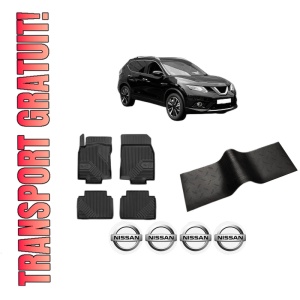 Set 5 covorase auto NISSAN X-TRAIL III (T32_, T32R, T32RR) din 2014-2015, cu covoras tunel median, presuri auto din cauciuc, 4x Stickere auto cu NISSAN