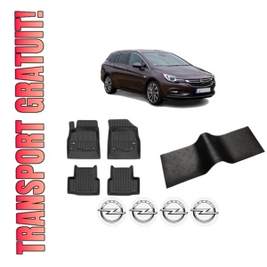 Set 5 covorase auto OPEL ASTRA K Sports Tourer (B16) din 2012-2021, cu covoras tunel median, presuri auto din cauciuc, 4x Stickere auto cu OPEL