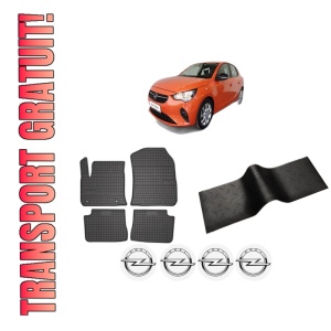 Set 5 covorase auto OPEL CORSA F (P2JO) din 2011, cu covoras tunel median, presuri auto din cauciuc, 4x Stickere auto cu OPEL