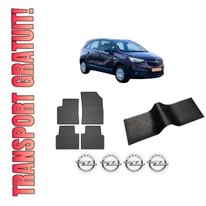 Set 5 covorase auto OPEL CROSSLAND X Van din 2007-2021, cu covoras tunel median, presuri auto din cauciuc, 4x Stickere auto cu OPEL