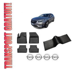 Set 5 covorase auto OPEL GRANDLAND / GRANDLAND X (A18, P1UO) din 2008-2018, cu covoras tunel median, presuri auto din cauciuc, 4x Stickere auto cu OPEL