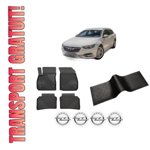 Set 5 covorase auto OPEL INSIGNIA B Country Tourer (Z18) din 2013-2019, cu covoras tunel median, presuri auto din cauciuc, 4x Stickere auto cu OPEL