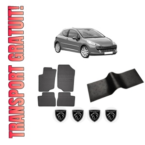 Set 5 covorase auto PEUGEOT 207 (WA_, WC_) din 2004-2013, cu covoras tunel median, presuri auto din cauciuc, 4x Stickere auto cu PEUGEOT