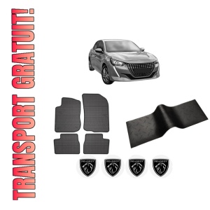 Set 5 covorase auto PEUGEOT 208 II (UB_, UP_, UW_, UJ_) din 2004-2011, cu covoras tunel median, presuri auto din cauciuc, 4x Stickere auto cu PEUGEOT