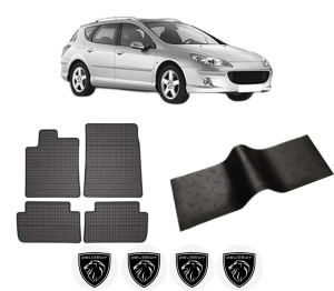 Set 5 covorase auto PEUGEOT 407 SW (6E_, 6D_) din 2019-2024, cu covoras tunel median, presuri auto din cauciuc, 4x Stickere auto cu PEUGEOT - Img 2