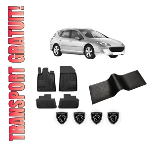 Set 5 covorase auto PEUGEOT 407 SW (6E_, 6D_) din 2019-2024, cu covoras tunel median, presuri auto din cauciuc, 4x Stickere auto cu PEUGEOT