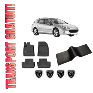 Set 5 covorase auto PEUGEOT 407 SW (6E_, 6D_) din 2019-2024, cu covoras tunel median, presuri auto din cauciuc, 4x Stickere auto cu PEUGEOT