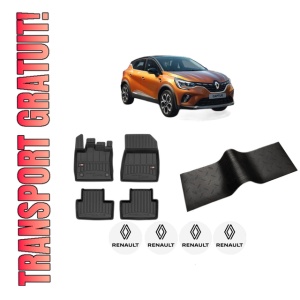 Set 5 covorase auto RENAULT CAPTUR II (HF_) din 2003-2011, cu covoras tunel median, presuri auto din cauciuc, 4x Stickere auto cu RENAULT