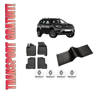 Set 5 covorase auto RENAULT DUSTER (HM_) din 2016-2020, cu covoras tunel median, presuri auto din cauciuc, 4x Stickere auto cu RENAULT