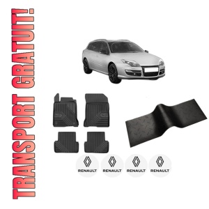 Set 5 covorase auto RENAULT LAGUNA III Grandtour (KT0/1) din 2012-2020, cu covoras tunel median, presuri auto din cauciuc, 4x Stickere auto cu RENAULT