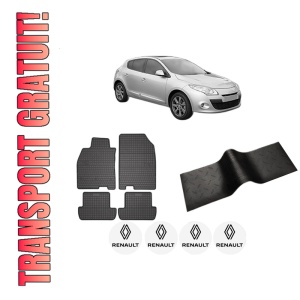 Set 5 covorase auto RENAULT MEGANE III Hatchback Van (BZ_) din 2009-2017, cu covoras tunel median, presuri auto din cauciuc, 4x Stickere auto cu RENAULT