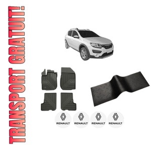 Set 5 covorase auto RENAULT SANDERO/STEPWAY II (B8_) din 2006-2014, cu covoras tunel median, presuri auto din cauciuc, 4x Stickere auto cu RENAULT