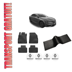 Set 5 covorase auto RENAULT TALISMAN din 2004-2011, cu covoras tunel median, presuri auto din cauciuc, 4x Stickere auto cu RENAULT