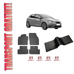 Set 5 covorase auto SEAT IBIZA V (KJ1, KJG) din 2008-2015, cu covoras tunel median, presuri auto din cauciuc, 4x Stickere auto cu SEAT
