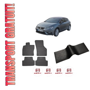Set 5 covorase auto SEAT LEON Hatchback Van (5F1) din 2012-2018, cu covoras tunel median, presuri auto din cauciuc, 4x Stickere auto cu SEAT