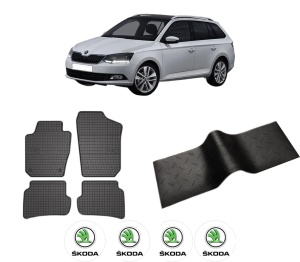 Set 5 covorase auto SKODA FABIA III Estate (NJ5) din 2008-2015, cu covoras tunel median, presuri auto din cauciuc, 4x Stickere auto cu SKODA - Img 2