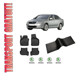 Set 5 covorase auto SKODA Octavia II (1Z3) din 2004-2009, cu covoras tunel median, presuri auto din cauciuc, 4x Stickere auto cu SKODA