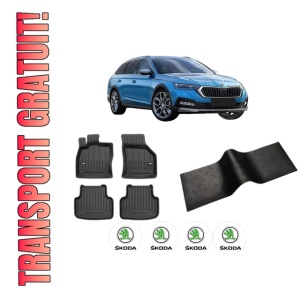 Set 5 covorase auto SKODA Octavia IV (NX3, NN3, PV3) din 2012-2019, cu covoras tunel median, presuri auto din cauciuc, 4x Stickere auto cu SKODA