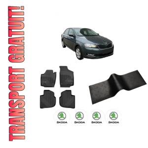 Set 5 covorase auto SKODA RAPID (NH3, NK3, NK6) din 2011-2018, cu covoras tunel median, presuri auto din cauciuc, 4x Stickere auto cu SKODA