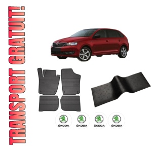 Set 5 covorase auto SKODA RAPID Spaceback (NH1) din 2013-2019, cu covoras tunel median, presuri auto din cauciuc, 4x Stickere auto cu SKODA