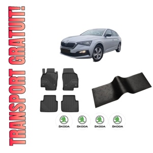 Set 5 covorase auto SKODA SCALA (NW1) din 2009-2015, cu covoras tunel median, presuri auto din cauciuc, 4x Stickere auto cu SKODA