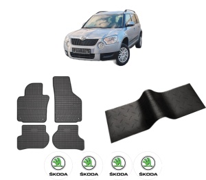Set 5 covorase auto SKODA YETI (5L) din 2004-2013, cu covoras tunel median, presuri auto din cauciuc, 4x Stickere auto cu SKODA - Img 2