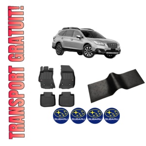 Set 5 covorase auto SUBARU OUTBACK (BS) din 2012-2020, cu covoras tunel median, presuri auto din cauciuc, 4x Stickere auto cu SUBARU