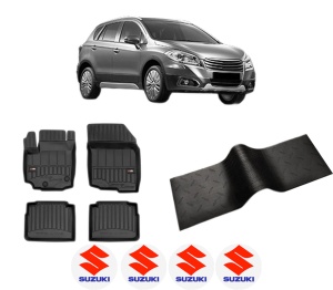Set 5 covorase auto SUZUKI SX4 S-CROSS (JY) din 2014-2016, cu covoras tunel median, presuri auto din cauciuc, 4x Stickere auto cu SUZUKI - Img 2