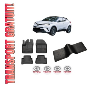Set 5 covorase auto TOYOTA C-HR (_X1_) din 2016-2021, cu covoras tunel median, presuri auto din cauciuc, 4x Stickere auto cu TOYOTA