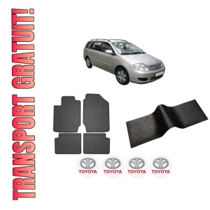 Set 5 covorase auto TOYOTA COROLLA Estate (_E12_) din 2009-2016, cu covoras tunel median, presuri auto din cauciuc, 4x Stickere auto cu TOYOTA