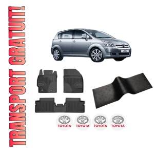 Set 5 covorase auto TOYOTA COROLLA Verso (ZER_, ZZE12_, R1_) din 2014-2024, cu covoras tunel median, presuri auto din cauciuc, 4x Stickere auto cu TOYOTA