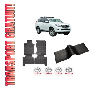 Set 5 covorase auto TOYOTA LAND CRUISER PRADO (_J15_) din 2014-2022, cu covoras tunel median, presuri auto din cauciuc, 4x Stickere auto cu TOYOTA