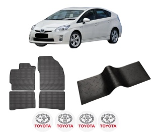 Set 5 covorase auto TOYOTA PRIUS (_W3_) din 2004-2012, cu covoras tunel median, presuri auto din cauciuc, 4x Stickere auto cu TOYOTA - Img 2