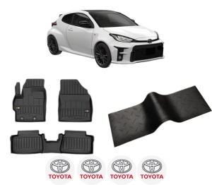 Set 5 covorase auto TOYOTA YARIS (_P21_, _PA1_, _PH1_) din 2007-2018, cu covoras tunel median, presuri auto din cauciuc, 4x Stickere auto cu TOYOTA - Img 2