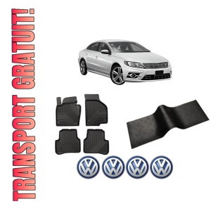 Set 5 covorase auto Volkswagen CC B7 (358) din 2010-2019, cu covoras tunel median, presuri auto din cauciuc, 4x Stickere auto cu Volkswagen
