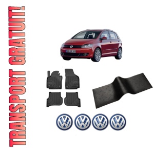 Set 5 covorase auto Volkswagen GOLF PLUS Van (521) din 2016-2021, cu covoras tunel median, presuri auto din cauciuc, 4x Stickere auto cu Volkswagen