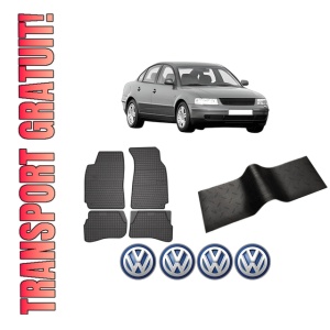Set 5 covorase auto Volkswagen PASSAT B5 (3B2) din 2017-2023, cu covoras tunel median, presuri auto din cauciuc, 4x Stickere auto cu Volkswagen