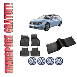 Set 5 covorase auto Volkswagen PASSAT B8 Variant (3G5, CB5) din 2018-2024, cu covoras tunel median, presuri auto din cauciuc, 4x Stickere auto cu Volkswagen