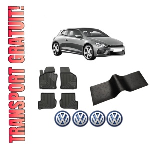 Set 5 covorase auto Volkswagen SCIROCCO III (137, 138) din 2016-2024, cu covoras tunel median, presuri auto din cauciuc, 4x Stickere auto cu Volkswagen
