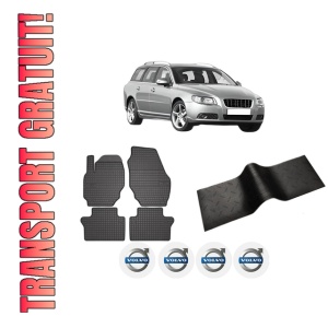 Set 5 covorase auto VOLVO V70 III (135) din 2014-2021, cu covoras tunel median, presuri auto din cauciuc, 4x Stickere auto cu VOLVO
