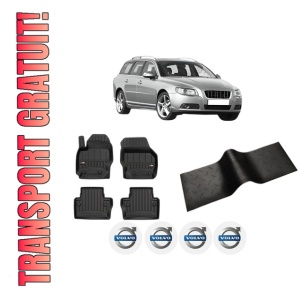 Set 5 covorase auto VOLVO V70 III (135) din 2014-2021, cu covoras tunel median, presuri auto din cauciuc, 4x Stickere auto cu VOLVO