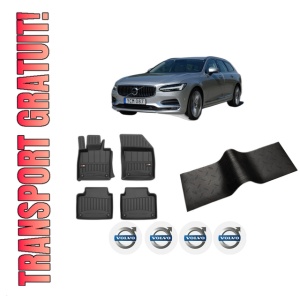 Set 5 covorase auto VOLVO V90 II Estate (235) din 2007-2015, cu covoras tunel median, presuri auto din cauciuc, 4x Stickere auto cu VOLVO