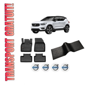 Set 5 covorase auto VOLVO XC40 (536) din 2009-2017, cu covoras tunel median, presuri auto din cauciuc, 4x Stickere auto cu VOLVO