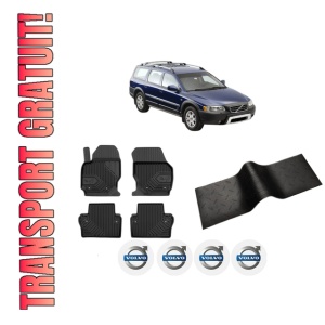 Set 5 covorase auto VOLVO XC70 II (136) din 2014-2018, cu covoras tunel median, presuri auto din cauciuc, 4x Stickere auto cu VOLVO