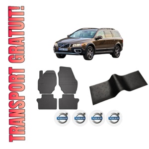 Set 5 covorase auto VOLVO XC70 II VAN (136) din 2018-2020, cu covoras tunel median, presuri auto din cauciuc, 4x Stickere auto cu VOLVO