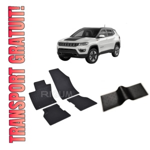 Set 5 covorase JEEP COMPASS II din 08.2017-PREZENT, cu covoras tunel median, CAROSERIE SUV INCLUSIV FACELIFT, Presuri cauciuc 100%, compatibil cu autoturismul JEEP COMPASS II, Rigum