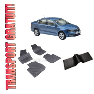 Set 5 covorase SKODA RAPID din 10.2012-03.2019, cu covoras tunel median, CAROSERIE SEDAN, Presuri cauciuc 100%, compatibil cu autoturismul SKODA RAPID, Rigum