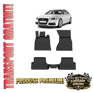 Set covorase Audi A4 B8 din 2008 - 2015, covorase presuri tavita auto, cu tunel median intermediar din cauciuc thermoplastic, 4 Stickere auto cu Audi
